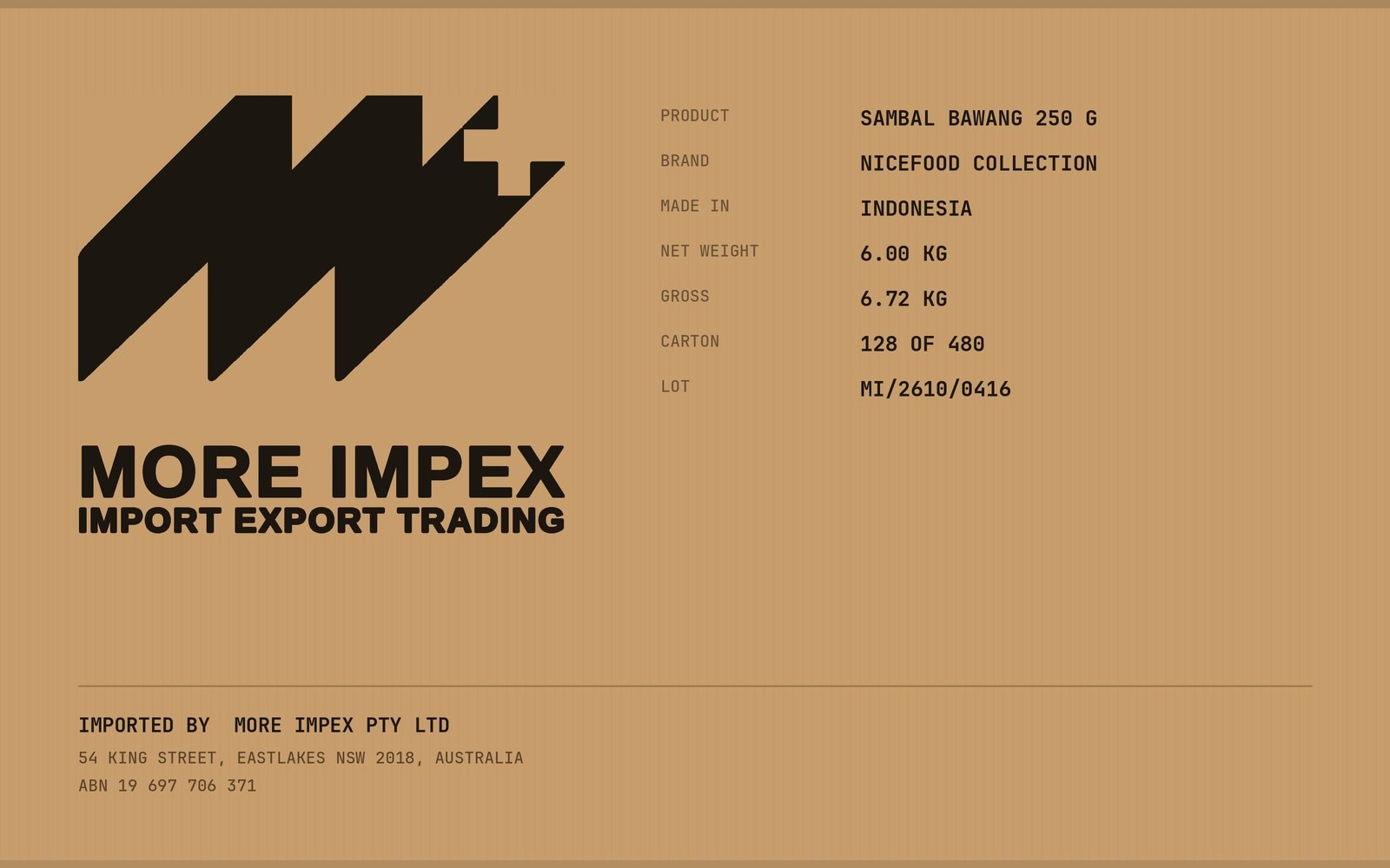A More Impex export carton on kraft board, printed with the shipping mark and consignment details