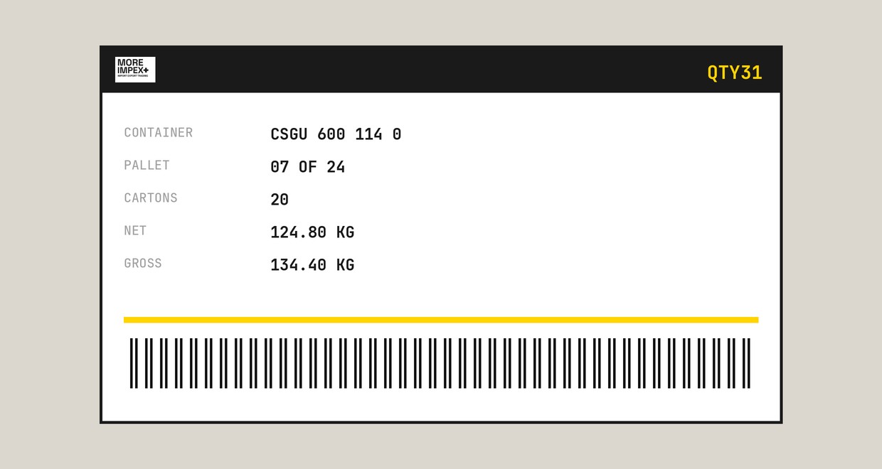 A More Impex pallet label showing container number, pallet number, carton count and net weight